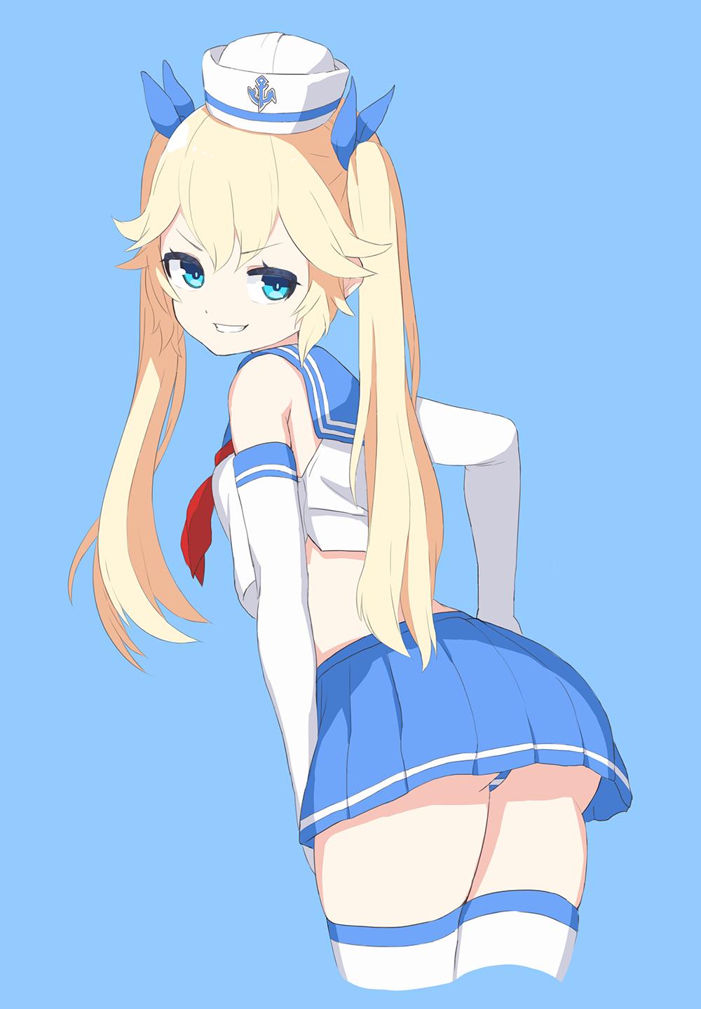 1girl, bangs, blood, blue_background, blue_eyes, blue_sailor_collar, blue_skirt, elbow_gloves