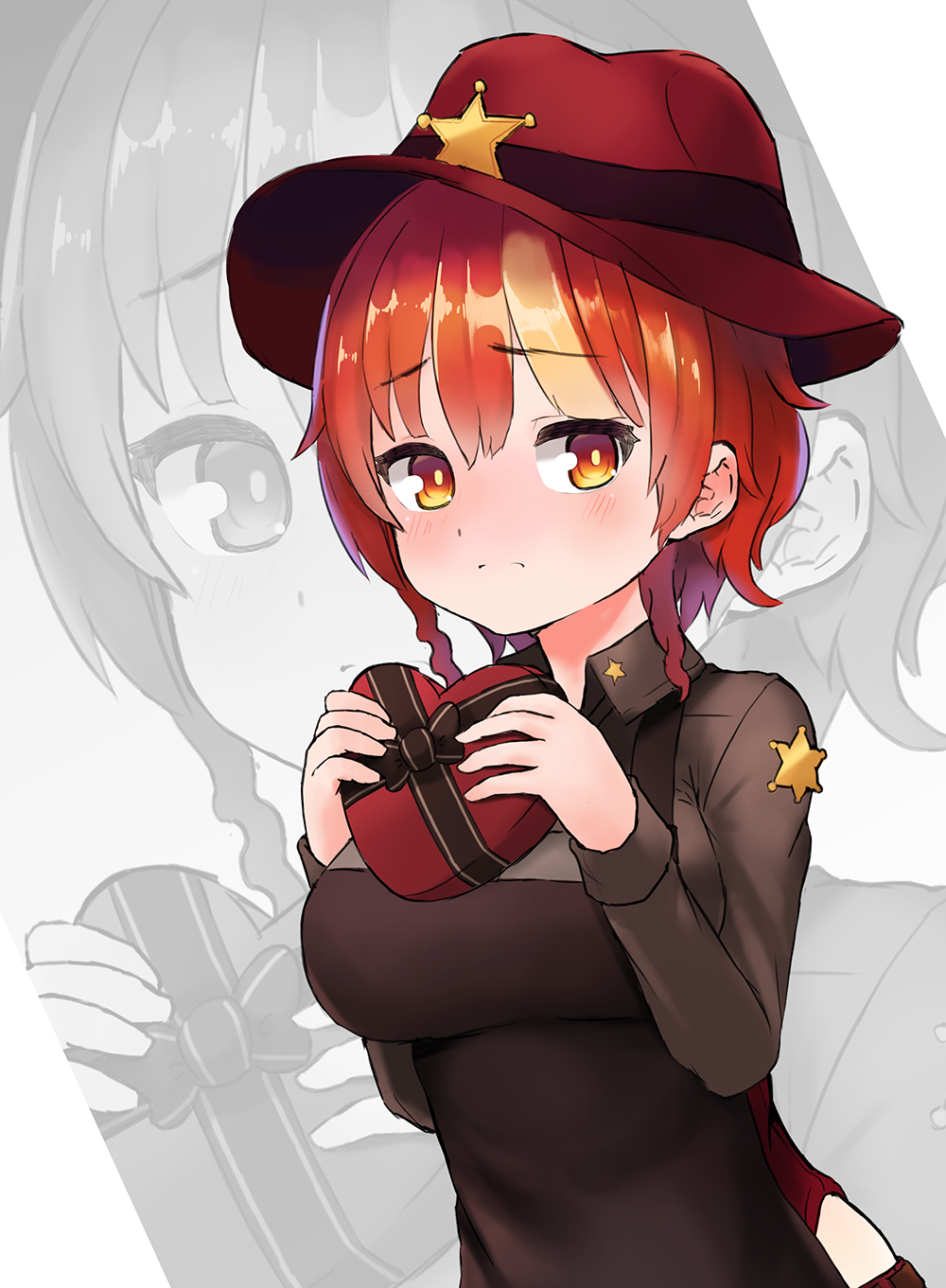 1girl, bangs, blush, box, eyebrows_visible_through_hair, hat, heart-shaped_box, highres