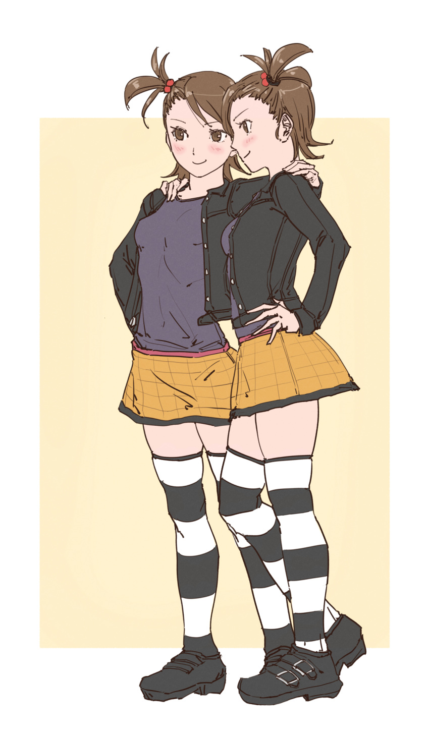 2girls, breasts, brown_eyes, brown_hair, closed_mouth, futami_ami, futami_mami, hair_bobbles, hair_ornament, highres, idolmaster, idolmaster_(classic), multiple_girls, ooe_yamaken, punkish_gothic, short_hair, siblings, side_ponytail, sisters, skirt, smile, thigh-highs, twins