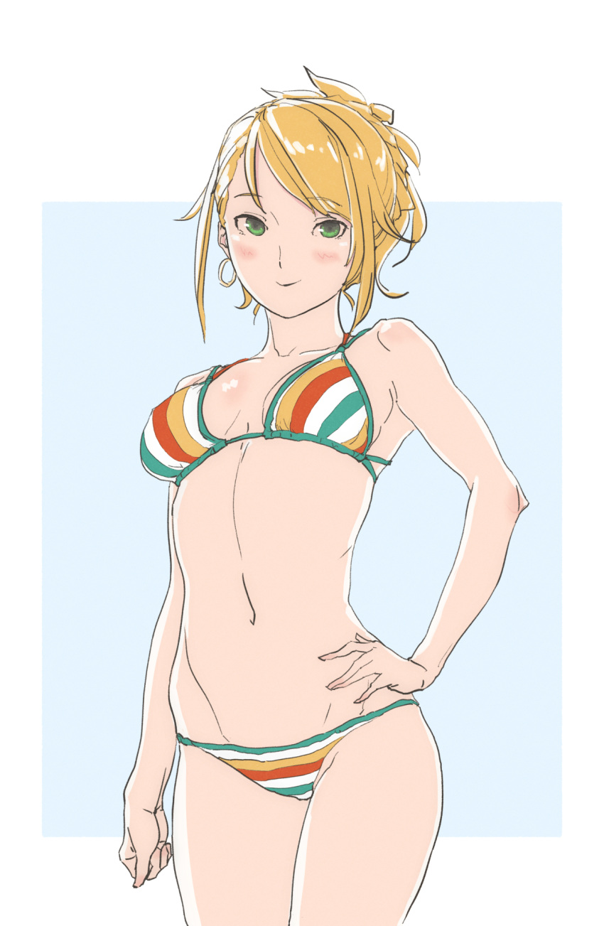 1girl, blonde_hair, blush, breasts, closed_mouth, earrings, green_eyes, highres
