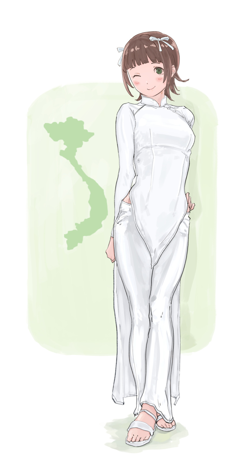 1girl, amami_haruka, blush, breasts, brown_hair, closed_mouth, green_eyes, highres