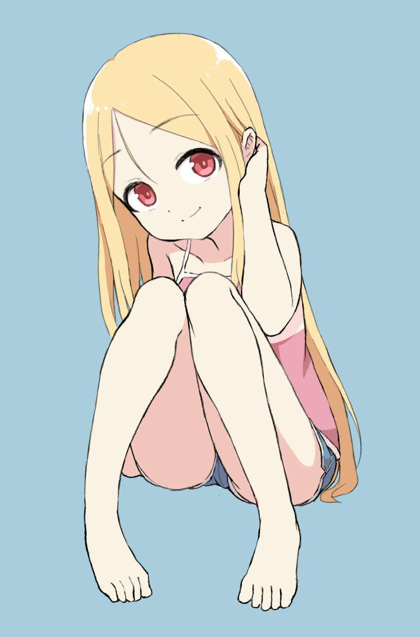 1girl, barefoot, blonde_hair, blue_background, bural_chingu, camisole, full_body, hair_between_eyes