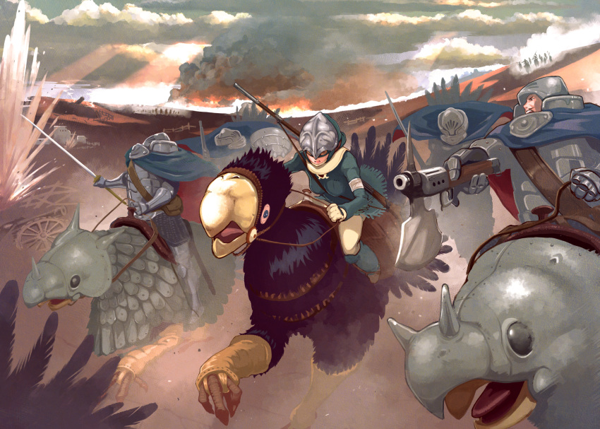 1girl, animal, armor, barding, between_breasts, breasts, cape, charging_forward