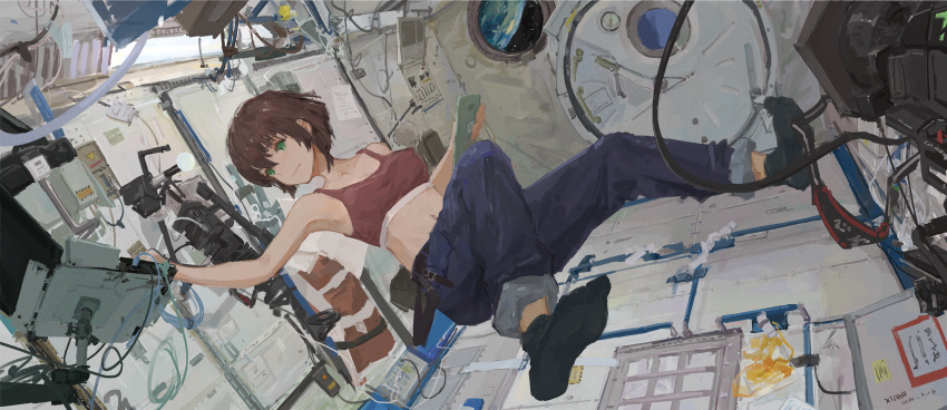 1girl, :|, ankle_socks, armpits, artist_name, bare_shoulders, belt, black_belt, black_legwear, blue_legwear, bob_cut, breasts, brown_hair, cable, chinese_commentary, closed_mouth, collarbone, commentary, control_station, dated, denim, earth, expressionless, floating, green_eyes, handle, hatch, highres, hose, jeans, lamp, medium_breasts, midriff, navel, no_shoes, original, pants, pants_rolled_up, paper, porthole, red_sports_bra, science_fiction, serious, short_hair, signature, sky, socks, solo, space, space_station, sports_bra, star_(sky), starry_sky, suspenders, suspenders_removed, xilmo, zero_gravity