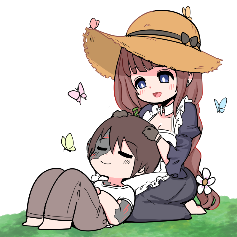 1boy, 1girl, apron, barefoot, black_gloves, blue_eyes, blush, brown_hair
