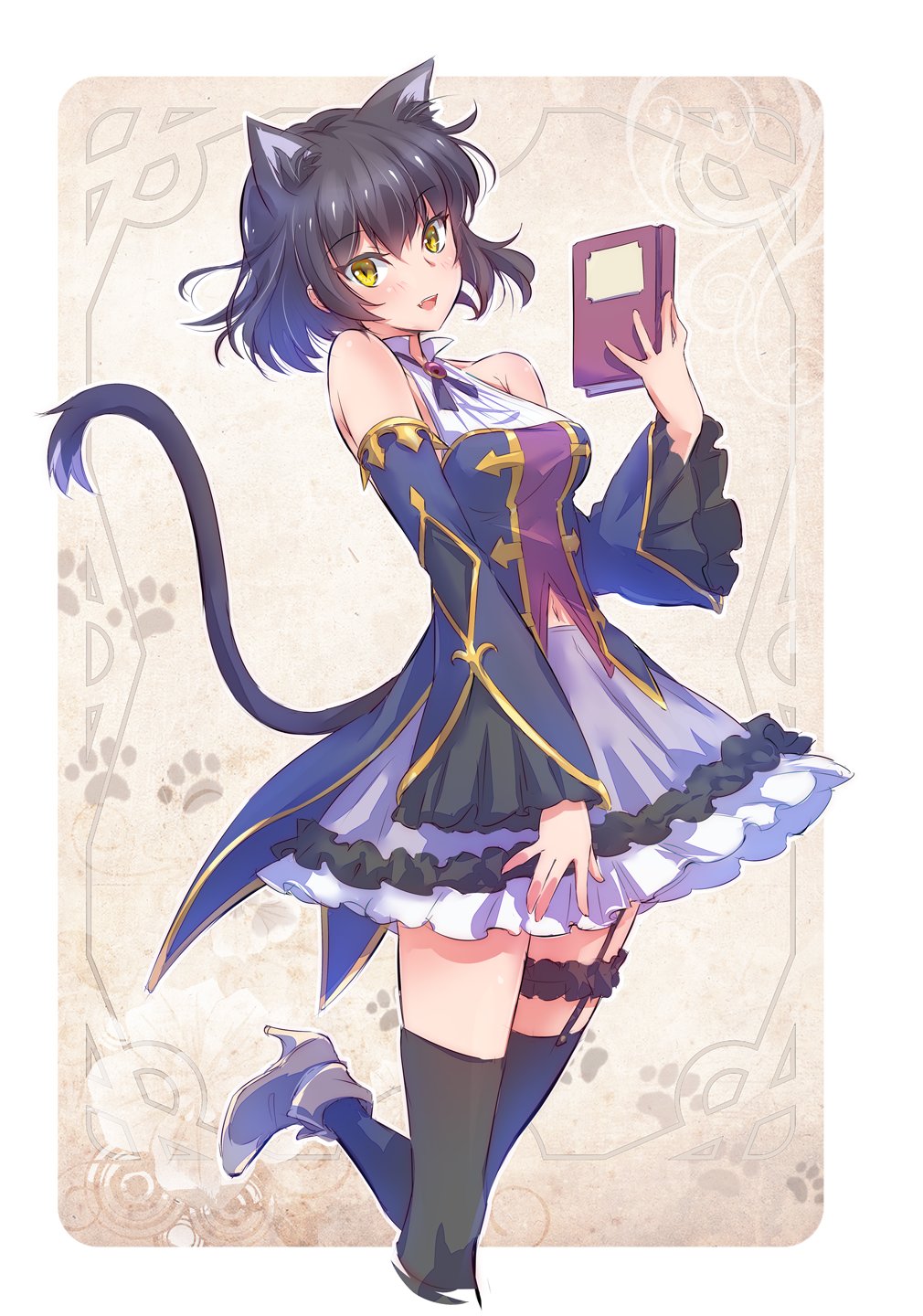 1girl, animal_ears, bare_shoulders, black_hair, black_legwear, blake_belladonna, book, cat_ears