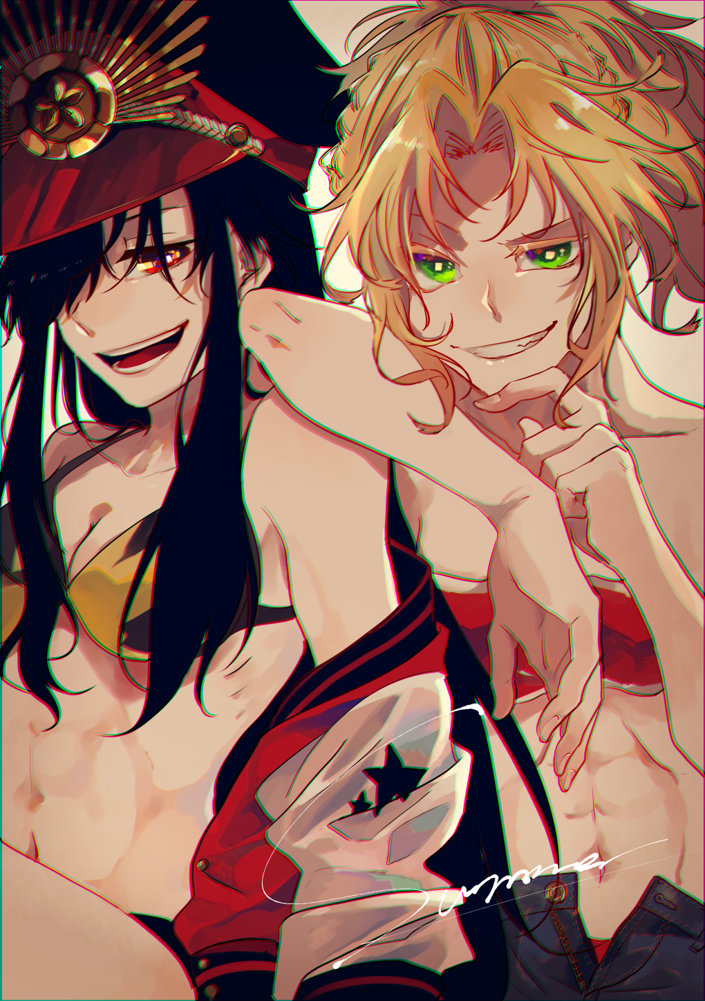 2girls, :d, abs, bikini, black_eyes, black_hair, blonde_hair, breasts