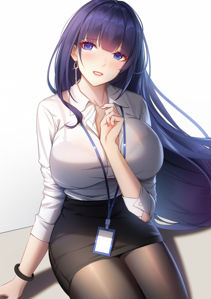 1girl, absurdres, alternate_costume, arm_support, bangs, black_legwear, black_skirt, bra_through_clothes