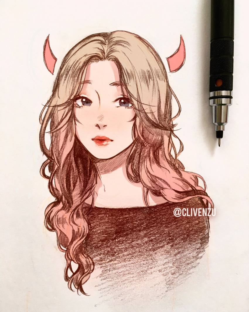 1girl, blonde_hair, clivenzu, closed_mouth, commentary, detached_horns, english_commentary, gradient_hair
