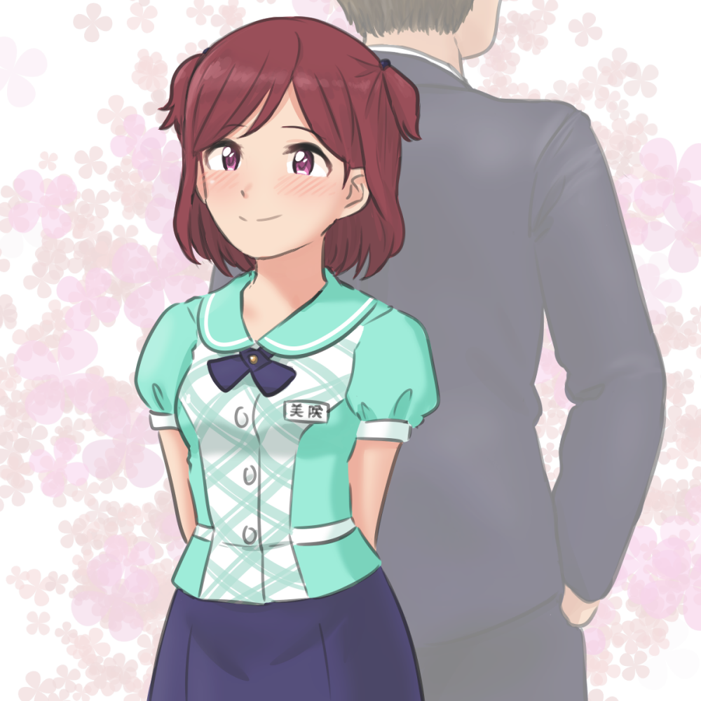 1boy, 1girl, aoba_misaki, aqua_shirt, arms_behind_back, back-to-back, bangs, black_neckwear, black_skirt, black_suit, blush, bob_cut, cal_(onecmcubed), character_name, commentary, cowboy_shot, floral_background, formal, hair_tie, hands_in_pockets, idolmaster, idolmaster_million_live!, idolmaster_million_live!_theater_days, name_tag, parted_bangs, plaid, plaid_shirt, producer_(idolmaster), red_eyes, redhead, shirt, short_hair, skirt, smile, solo_focus, suit, translated, two_side_up, white_background