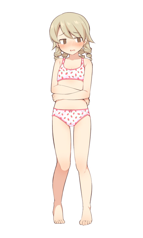 1girl, @_@, bangs, bare_arms, bare_legs, bare_shoulders, barefoot, blush