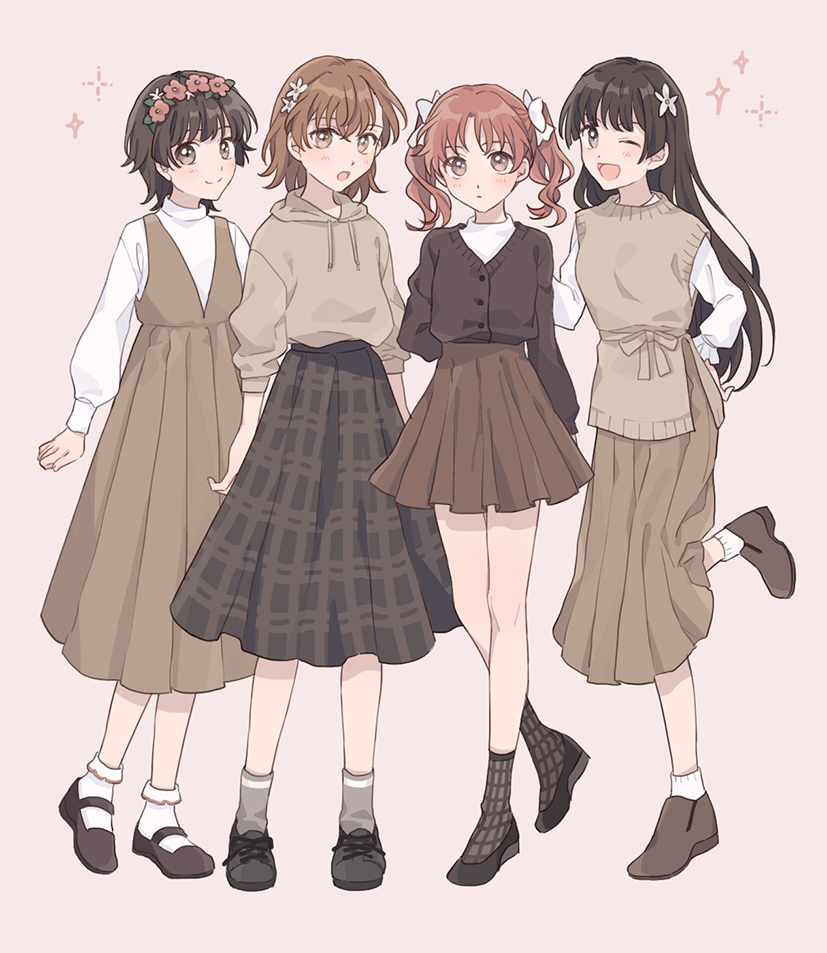 4girls, :d, ankle_socks, asymmetrical_bangs, bangs, black_footwear, black_hair, black_legwear