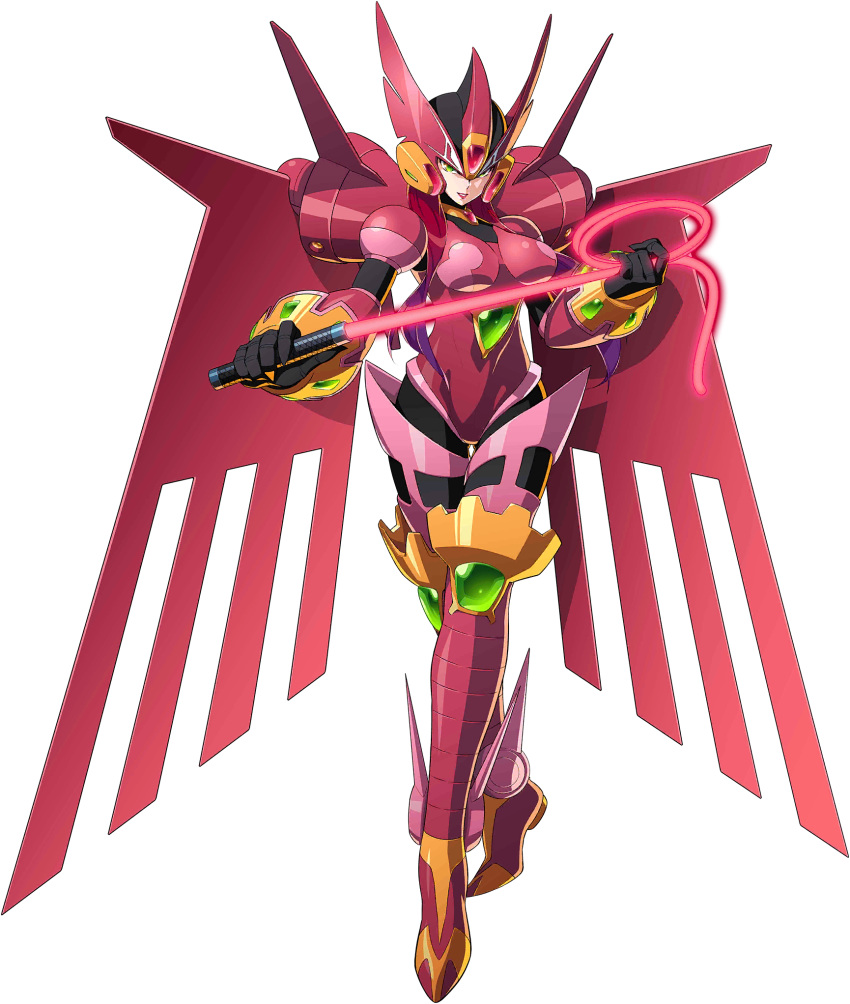 1girl, armor, breasts, ferham, gem, gradient_hair, green_eyes, helmet, highres, long_hair, multicolored_hair, official_art, rockman_x_dive, smile, spiked_footwear, under_boob, whip, winged_helmet, wings