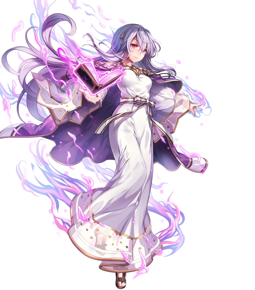 1girl, aura, bangs, book, breasts, cape, chachie, circlet