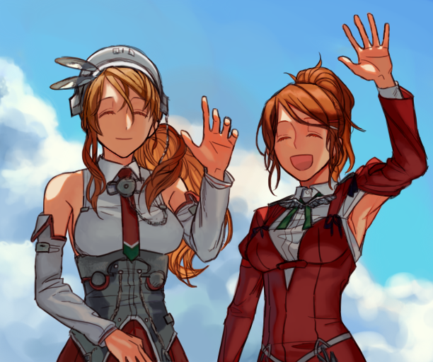 2girls, aquila_(kantai_collection), armpit_cutout, bangs, birdry, breasts, brown_hair, closed_eyes
