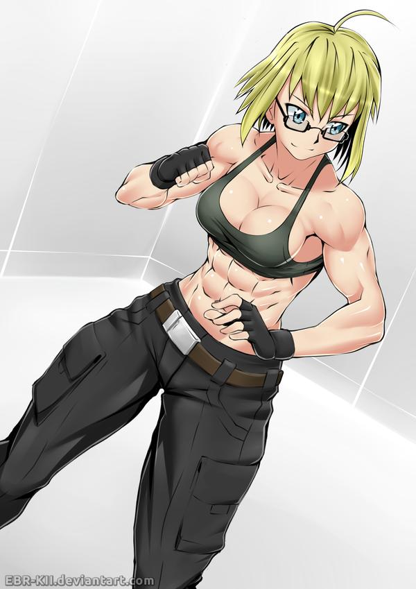 1girl, abs, belt, belt_buckle, black_gloves, black_legwear, blonde_hair, blue_eyes, brown_belt, buckle, cargo_pants, collarbone, ebr-kii, fingerless_gloves, gloves, muscle, muscular_female, navel, original, pants, short_hair, smile, solo, sports_bra, standing, tagme
