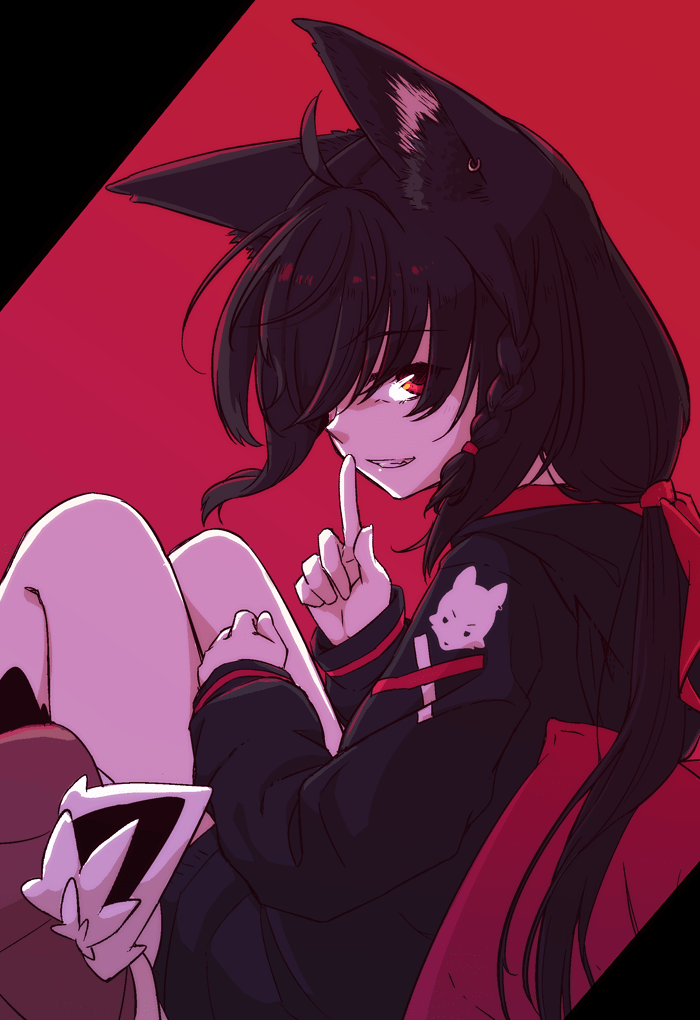 1girl, ahoge, animal_ears, bamboo_shoot, bare_legs, black_background, black_hair, black_hoodie