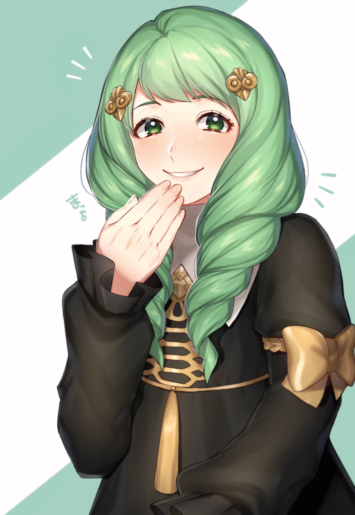 1girl, bow, cute, fire_emblem, fire_emblem:_three_houses, fire_emblem:_three_houses, fire_emblem_16, flayn_(fire_emblem), garreg_mach_monastery_uniform, green_eyes, green_hair, grin, hair_ornament, highres, intelligent_systems, loli, long_hair, long_sleeves, nintendo, rpp_pic, simple_background, smile, solo, uniform, upper_body