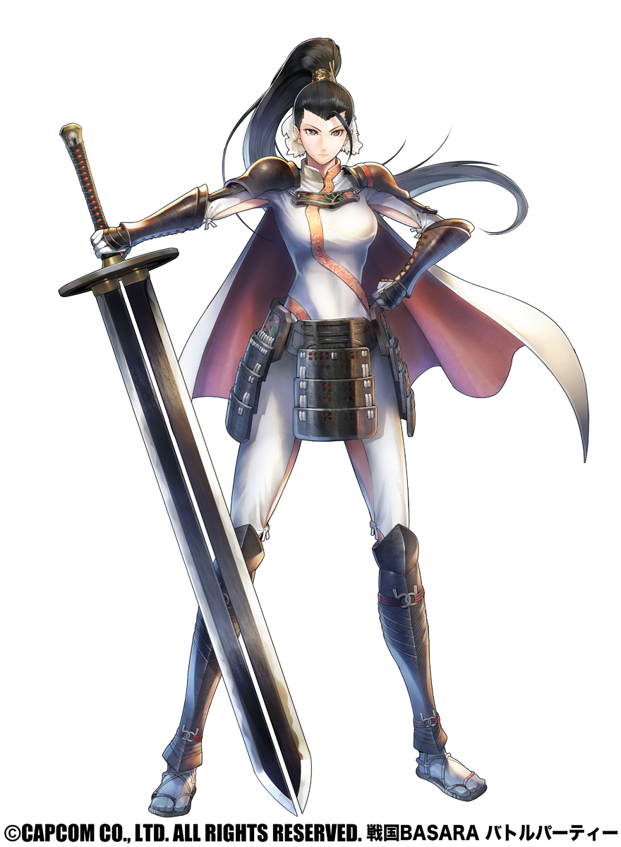 1girl, armor, black_hair, bracer, breasts, cape, copyright_name, full_body