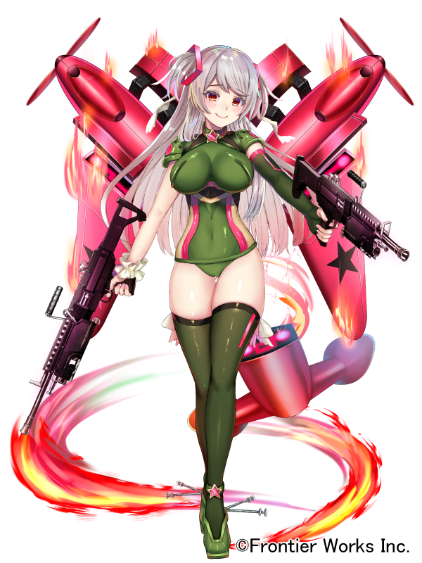 1girl, aircraft, airplane, breasts, covered_navel, detached_sleeves, dual_wielding, full_body
