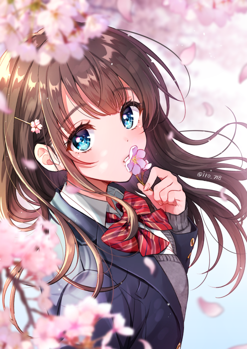 1girl, aqua_eyes, bangs, blazer, blurry, blush, bow, bowtie