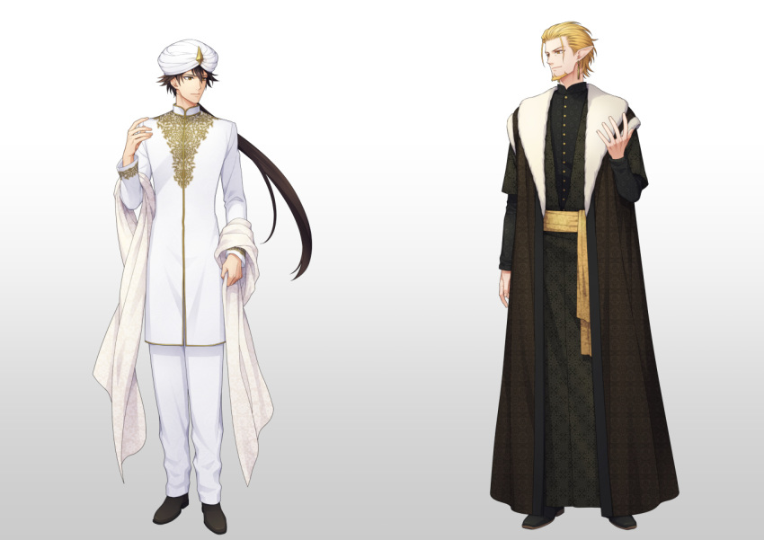 2boys, beard, black_footwear, black_hair, blonde_hair, elf, facial_hair, gold_trim