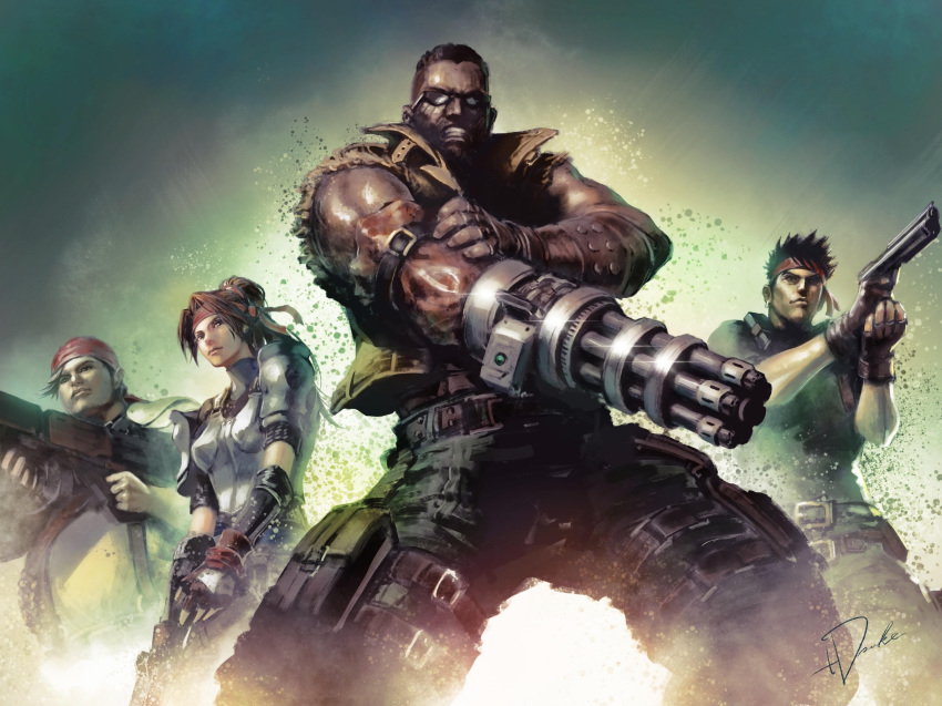 1girl, 3boys, arm_cannon, armor, bandana, barret_wallace, battle_rifle, biggs_(ff7)