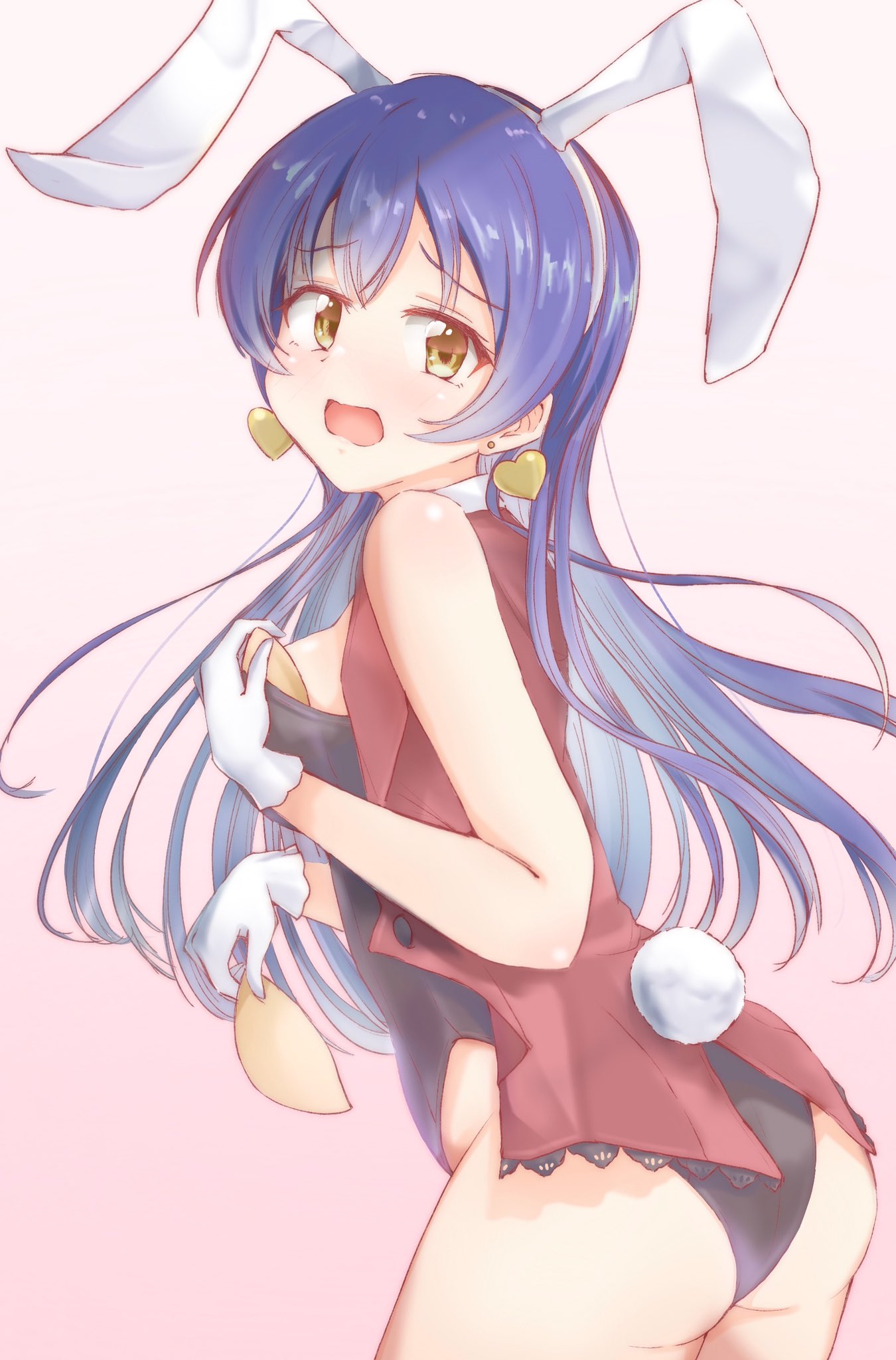 1girl, animal_ears, ass, bangs, blue_hair, blush, breast_padding, bunny_tail
