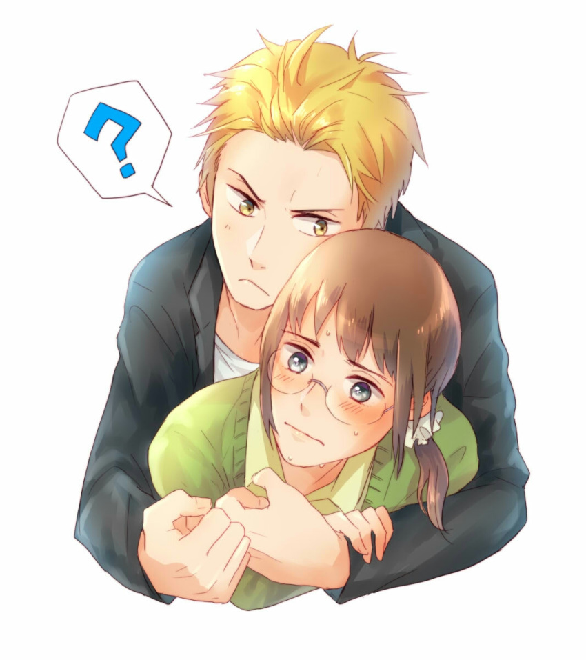 1boy, 1girl, 3310suzuka, ?, ase_to_sekken, black_jacket, blonde_hair, blue_eyes