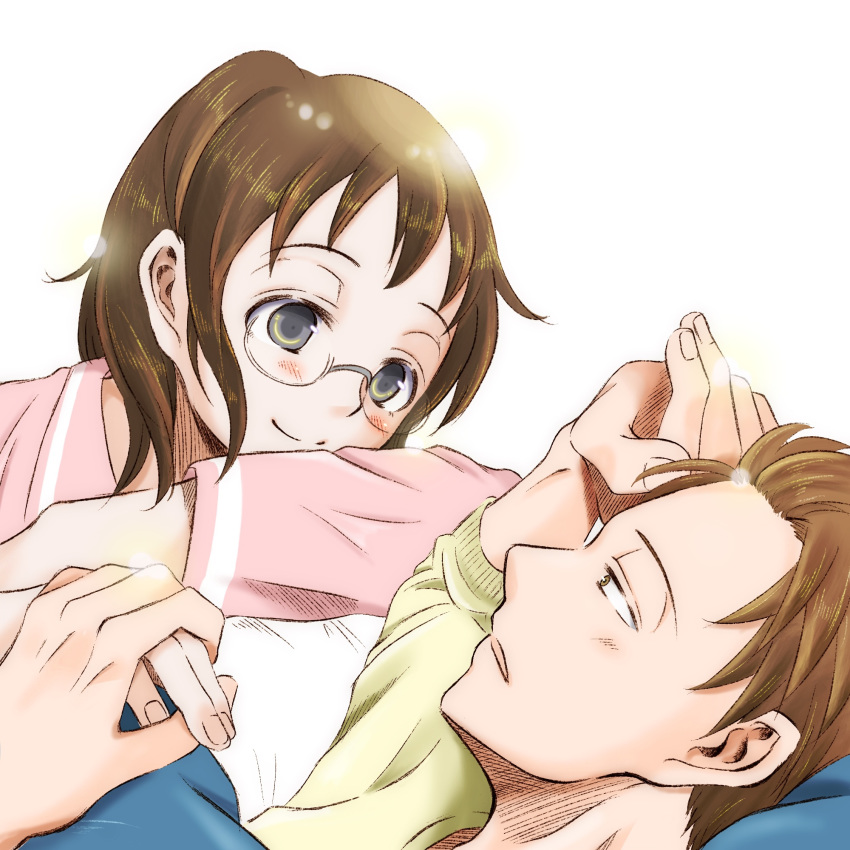 1boy, 1girl, ase_to_sekken, blush, brown_eyes, brown_hair, eye_contact, glasses