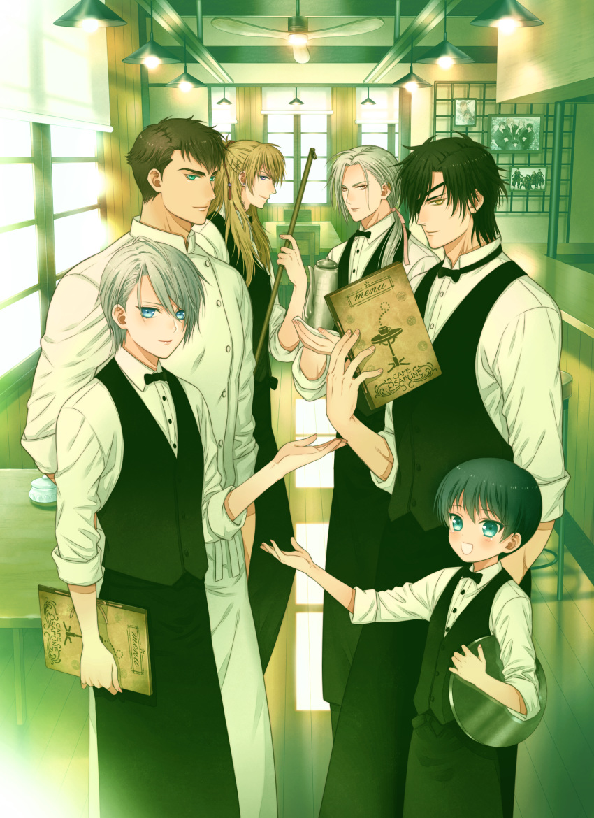 6+boys, absurdres, apron, aqua_eyes, azuki_nagamitsu_(touken_ranbu), black_hair, blonde_hair, blue_eyes