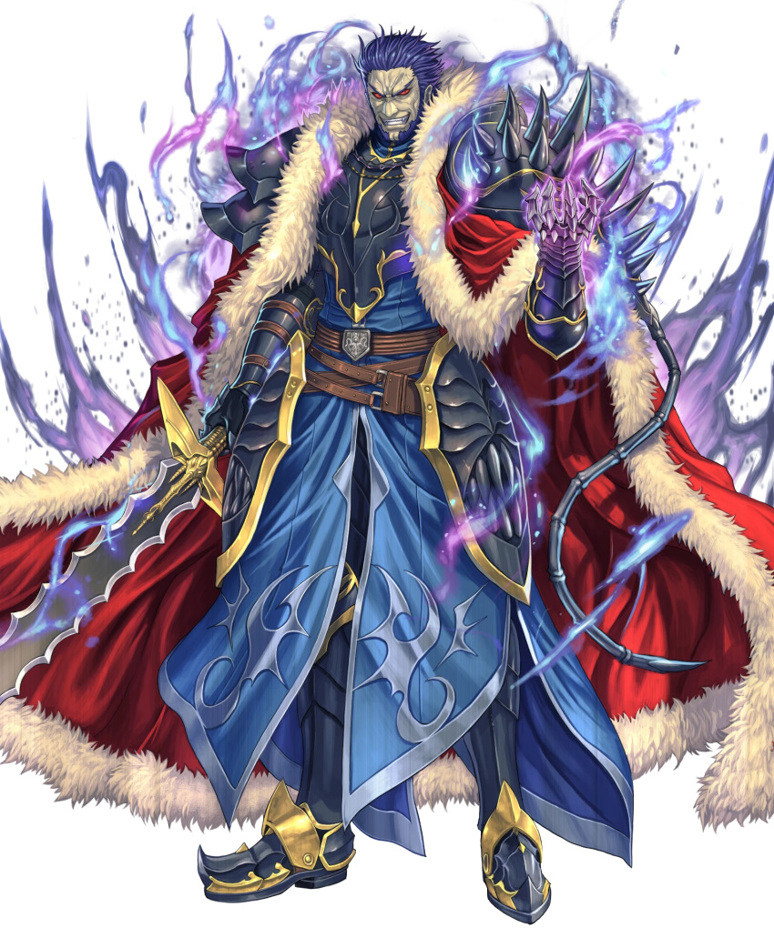 1boy, alternate_costume, armor, armored_boots, ashnard_(fire_emblem), aura, beard, belt, blue_hair, boots, cape, facial_hair, fire_emblem, fire_emblem:_path_of_radiance, fire_emblem_heroes, full_body, fur_trim, gloves, glowing, glowing_eyes, highres, izuka_daisuke, official_art, red_eyes, solo, sword, teeth, transparent_background, weapon