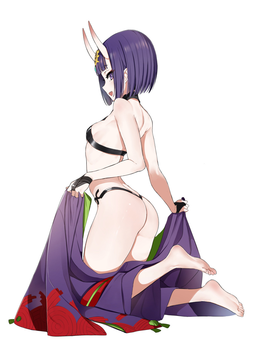1girl, absurdres, ass, back, bangs, bare_shoulders, barefoot_sandals, blush