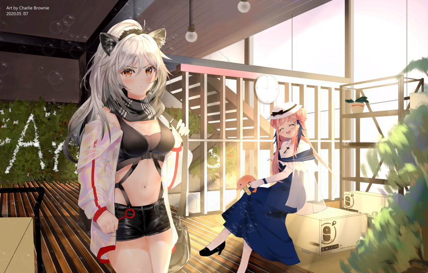 2girls, :d, ^_^, absurdres, animal_ear_fluff, animal_ears, arknights, bag