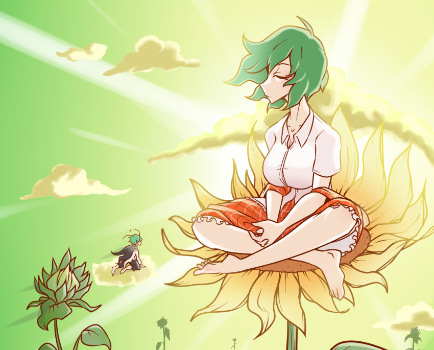 2girls, antennae, barefoot, breasts, cape, cha_ji_qiye_sui_daiduo_diyu, closed_eyes, clouds