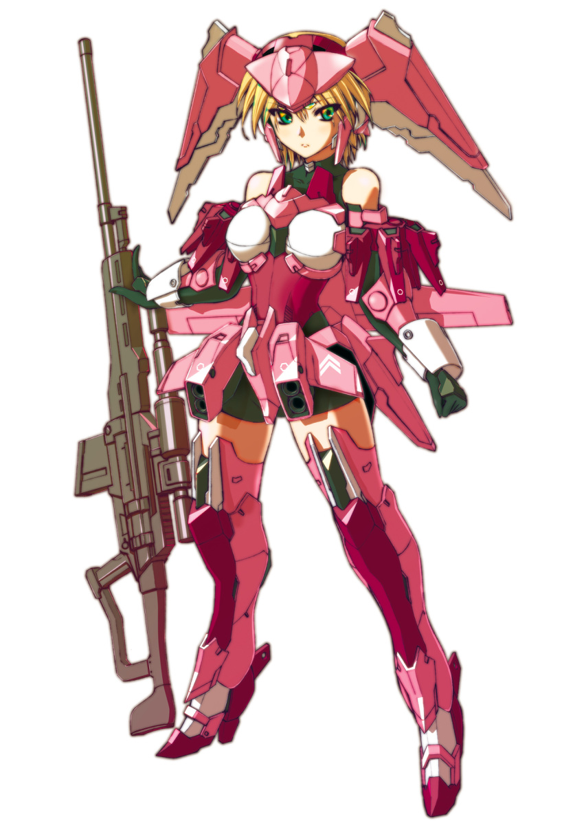 1girl, black_gloves, blonde_hair, clenched_hand, frame_arms, frame_arms_girl, gloves, green_eyes