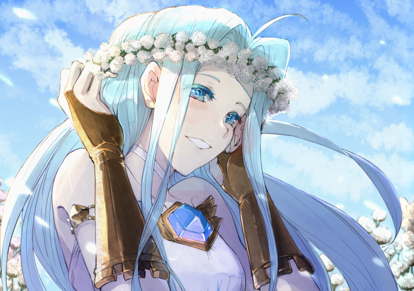 1girl, ahoge, blue_eyes, blue_hair, bridal_gauntlets, collarbone, floating_hair, flower