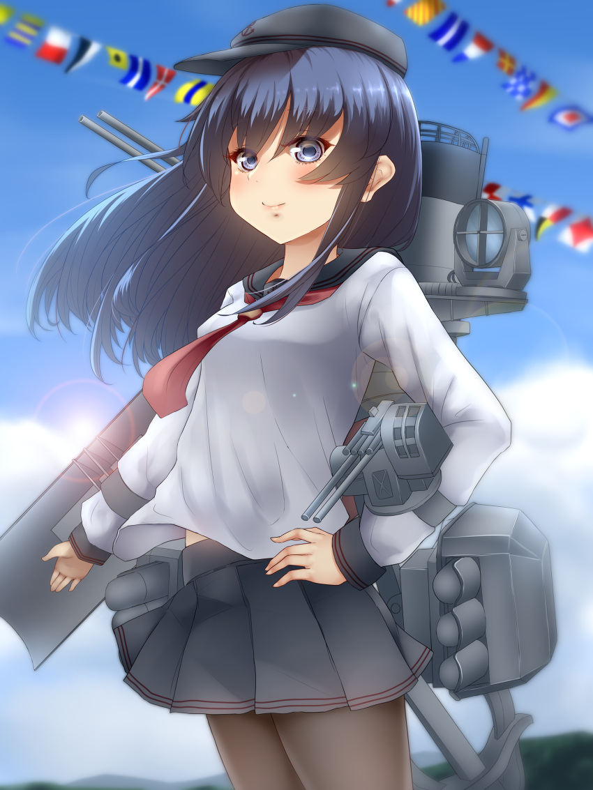 1girl, absurdres, akatsuki_(kantai_collection), anchor_symbol, black_headwear, black_legwear, black_sailor_collar, black_skirt