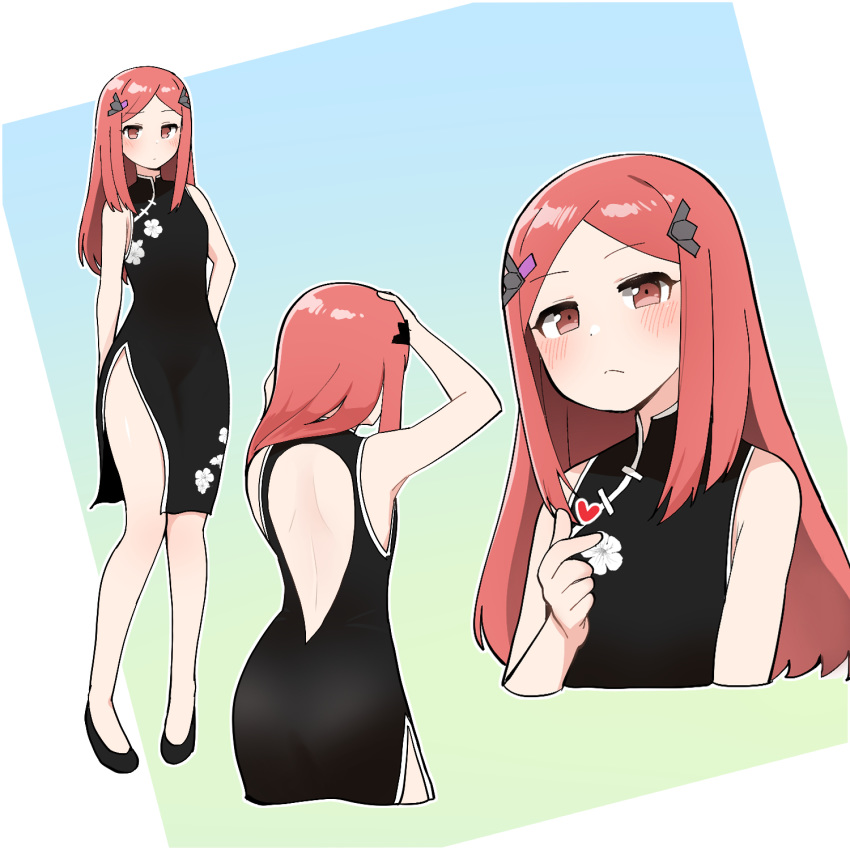 1girl, airplane_hair_ornament, asymmetrical_bangs, b-11_night_angel, backless_dress, backless_outfit, bangs, black_dress