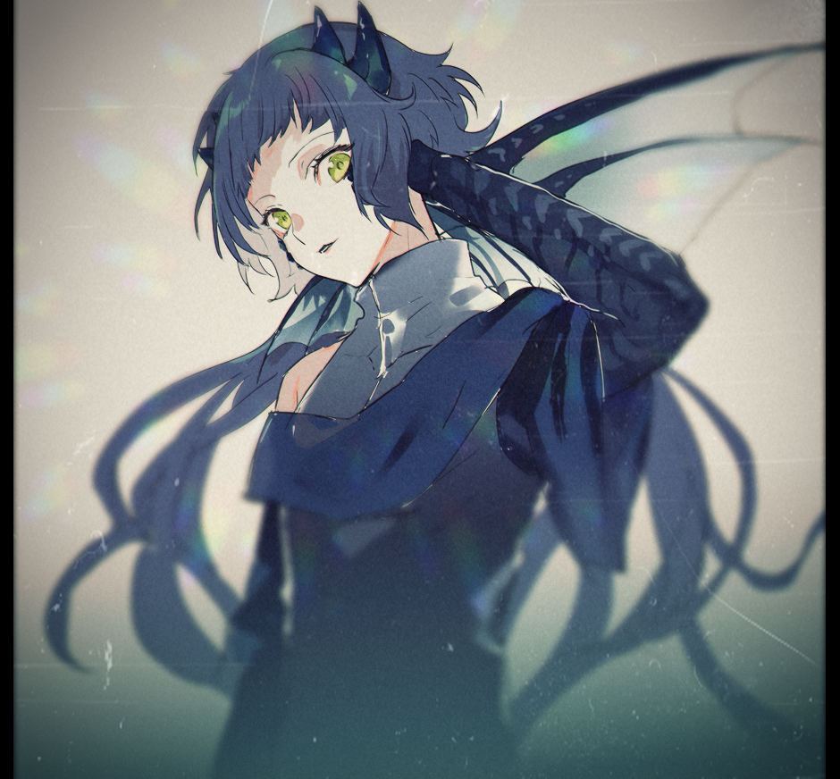 1girl, arm_up, bare_shoulders, blue_hair, fins, fish_girl, horns, long_hair