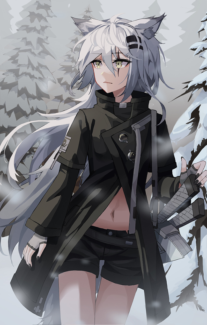 1girl, animal_ear_fluff, animal_ears, arknights, bangs, black_jacket, black_nails, black_shorts