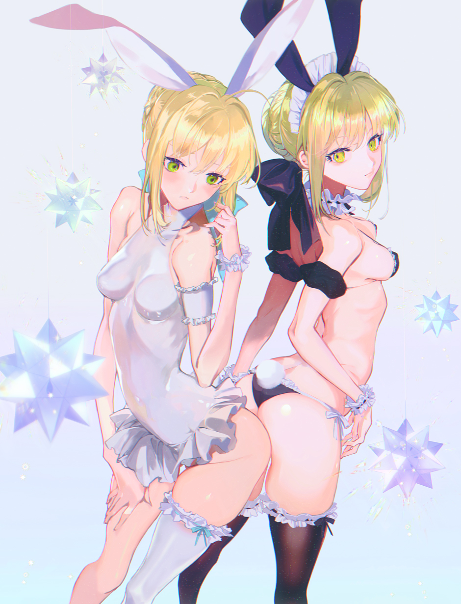 2girls, animal_ears, arm_strap, artoria_pendragon_(all), artoria_pendragon_(swimsuit_rider_alter), ass-to-ass, bare_shoulders, bikini