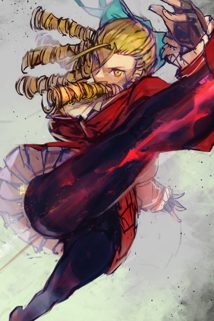 1girl, antenna_hair, axe_kick, black_gloves, black_legwear, blonde_hair, blue_ribbon, breasts