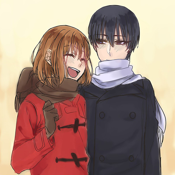 1boy, 1girl, black_hair, brown_hair, coat, gingitsune_(ochiai_sayuri), itsu_(ami), kamio_satoru, saeki_makoto, scarf, simple_background, smile