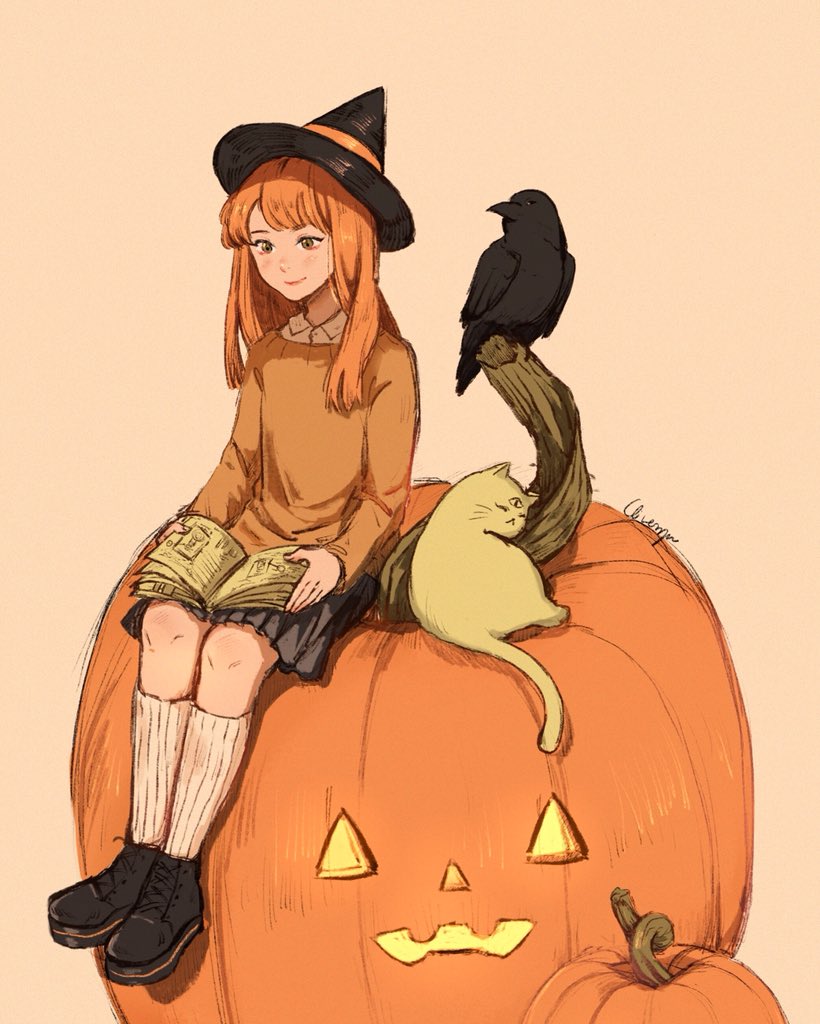1girl, bird, black_footwear, black_headwear, book, brown_sweater, cat, clivenzu