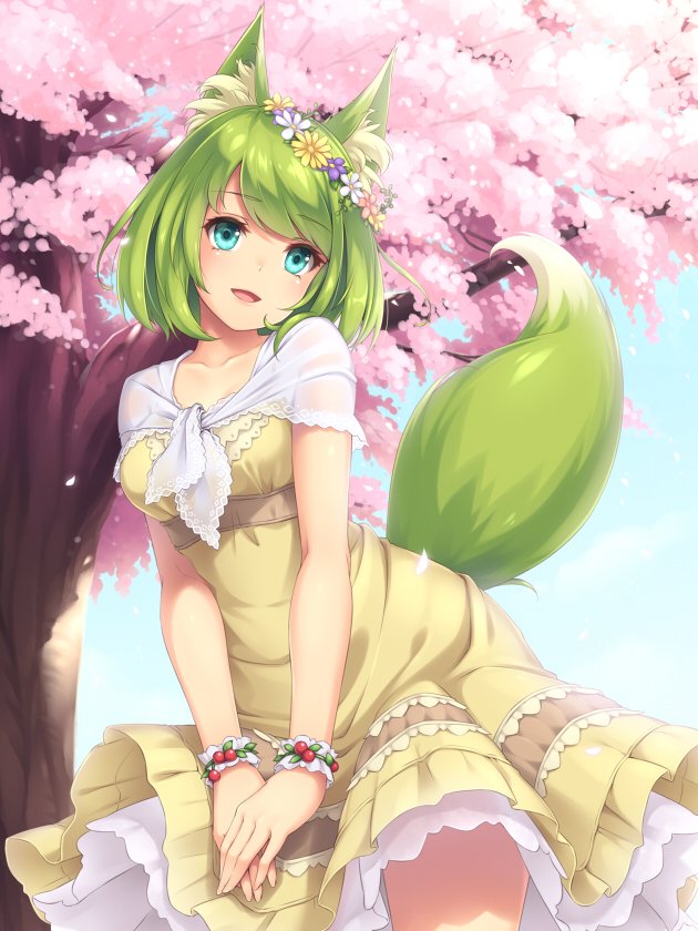 1girl, :d, animal_ear_fluff, animal_ears, blue_eyes, blush, capelet, cherry_blossoms