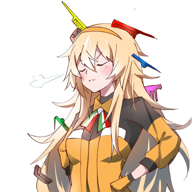 >:), 1girl, :3, blonde_hair, broken, closed_eyes, comb, dayongqi
