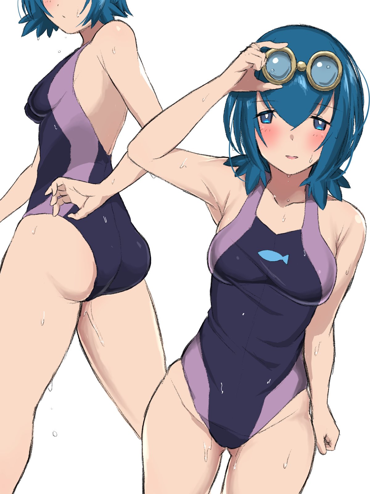 1girl, ass, bangs, blue_eyes, blue_hair, blush, breasts, commentary, fish, goggles, goggles_on_head, hand_on_hip, hand_up, highres, nishikino_kee, one-piece_swimsuit, pokemon, pokemon_(game), pokemon_sm, shiny, shiny_skin, simple_background, small_breasts, suiren_(pokemon), sweat, sweatdrop, swimsuit, symbol_commentary, wet, white_background