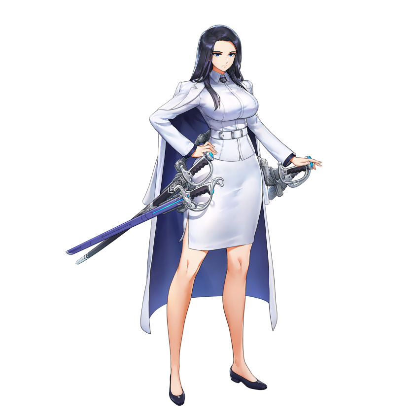 1girl, belt, breasts, expressionless, formal, full_body, high_heels, highres, invincible_dragon, jacket, jacket_on_shoulders, kakiman, large_breasts, last_origin, long_hair, looking_at_viewer, military, military_uniform, official_art, pencil_skirt, purple_hair, skirt, skirt_suit, solo, suit, sword, tachi-e, transparent_background, uniform, weapon