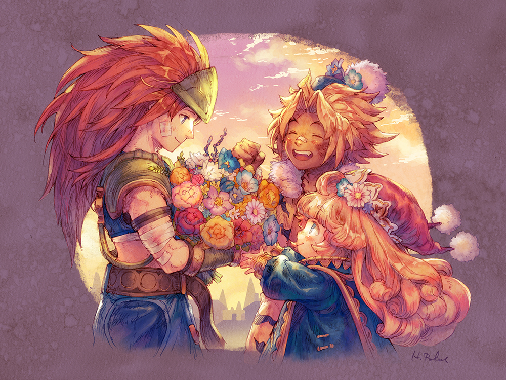 1girl, 2boys, bandages, bandaid, bandaid_on_face, bandaid_on_nose, blonde_hair, bouquet